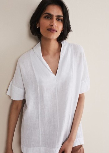 Phase Eight Carita V-Neck Linen Shirts White USA | 3952184-NG